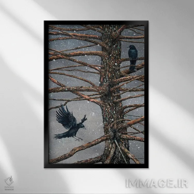 تابلو دکوراتیو کلاغ و سدر اثر مگی واندواله - نمای قابدار مشکی