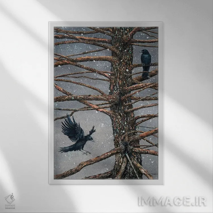 تابلو دکوراتیو کلاغ و سدر اثر مگی واندواله - نمای قابدار سفید