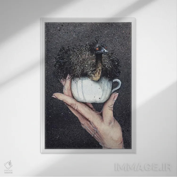 تابلو دکوراتیو شترمرغ فنجانی اثر مگی واندواله - نمای قابدار سفید