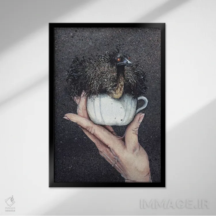 تابلو دکوراتیو شترمرغ فنجانی اثر مگی واندواله - نمای قابدار مشکی