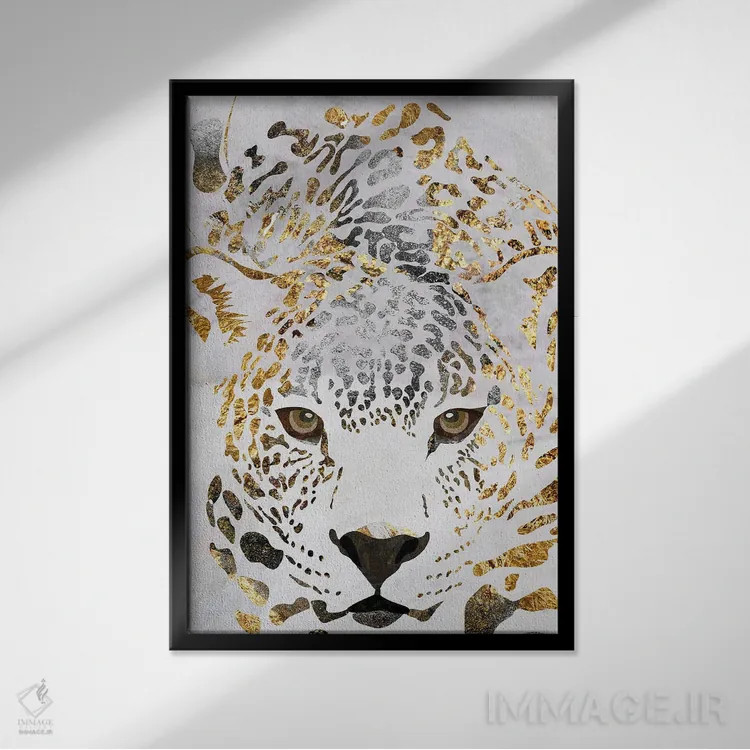 تابلو دکوراتیو پلنگ سفید و طلایی اثر سارا مانوفسکی - نمای قابدار مشکی