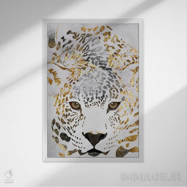 تابلو دکوراتیو پلنگ سفید و طلایی اثر سارا مانوفسکی - نمای قابدار سفید