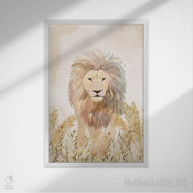 تابلو دکوراتیو شیر طلایی در علفزار اثر سارا مانوفسکی - نمای قابدار سفید