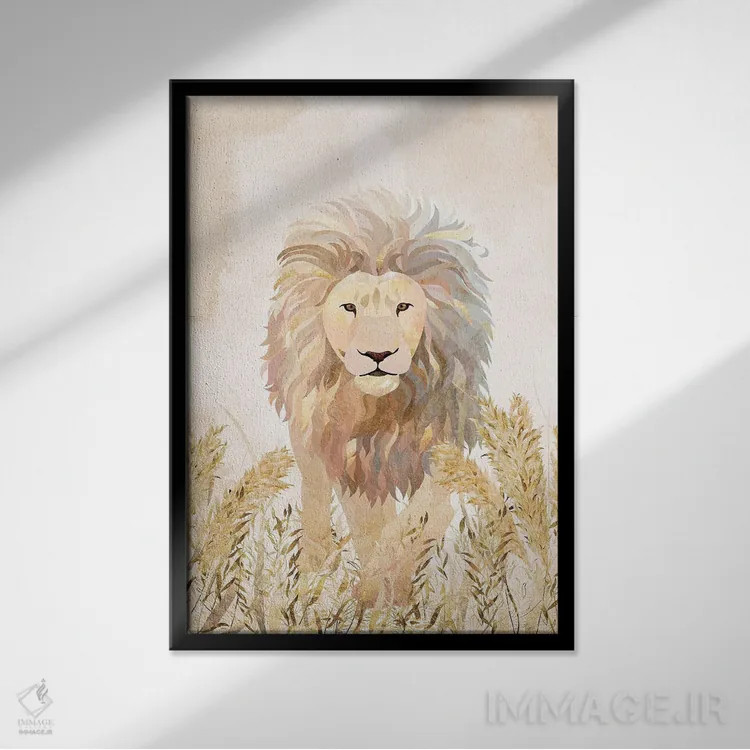 تابلو دکوراتیو شیر طلایی در علفزار اثر سارا مانوفسکی - نمای قابدار مشکی