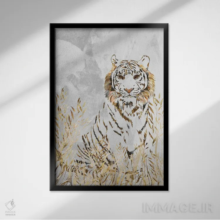 تابلو دکوراتیو ببر سفید و طلایی اثر سارا مانوفسکی - نمای قابدار مشکی