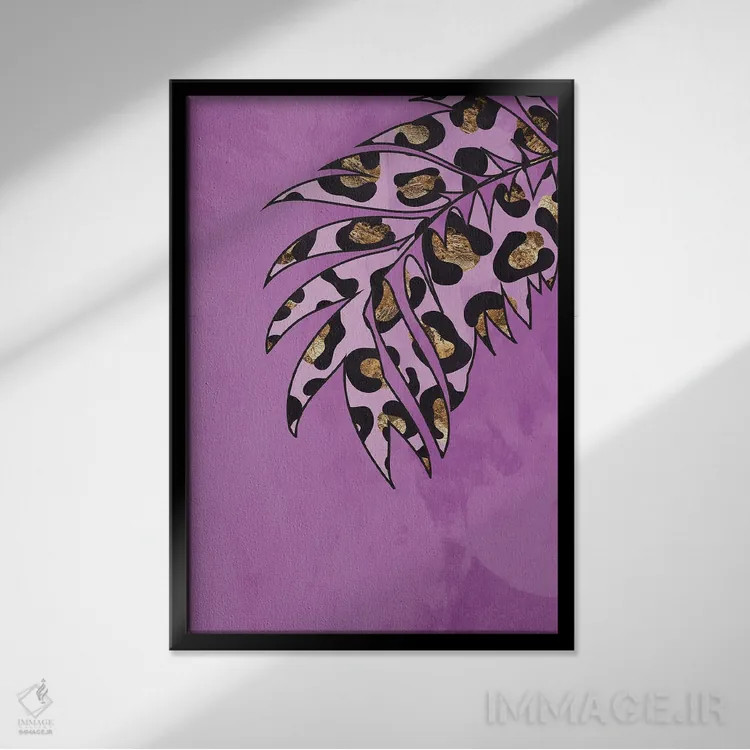 تابلو مینیمال برگ با نقش پلنگی صورتی اثر سارا مانوفسکی - نمای قابدار مشکی
