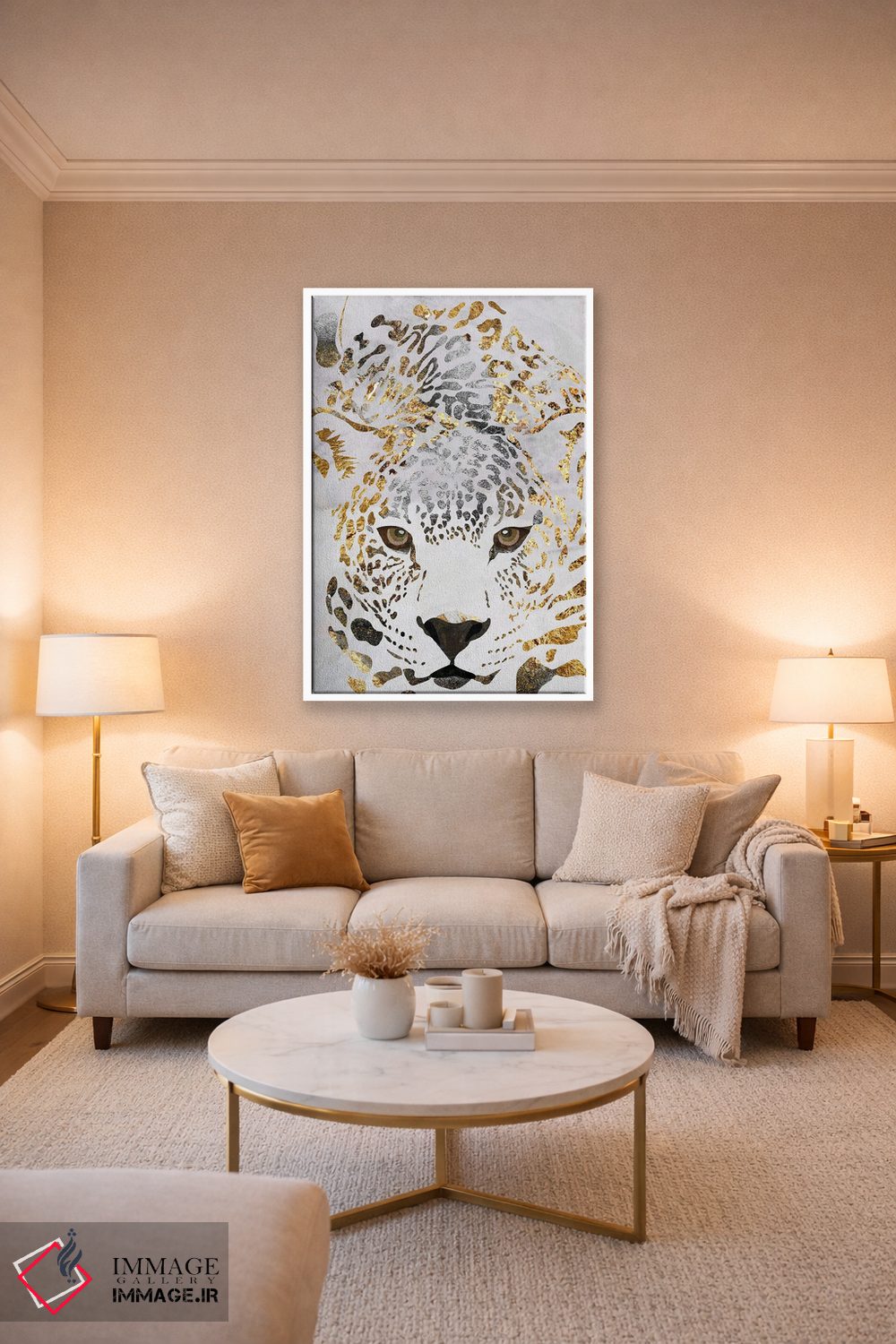 تابلو دکوراتیو پلنگ سفید و طلایی اثر سارا مانوفسکی - D3W