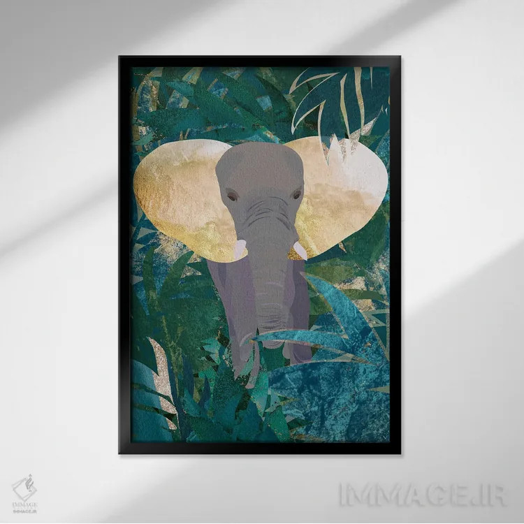 تابلو دکوراتیو فیل در جنگل اثر سارا مانوفسکی - نمای قابدار مشکی