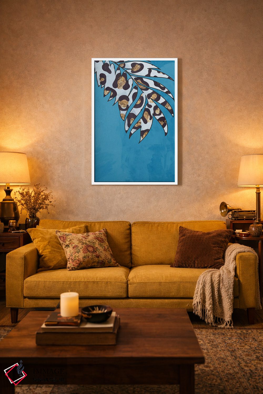 تابلو مینیمال برگ با نقش پلنگی آبی اثر سارا مانوفسکی - D2W