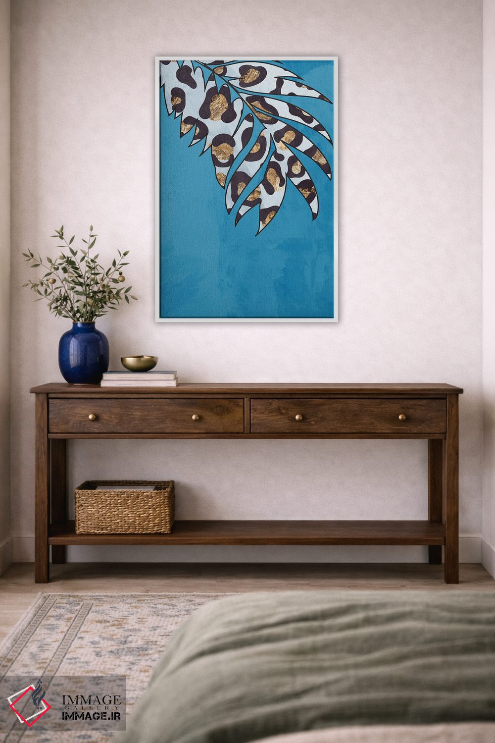 تابلو مینیمال برگ با نقش پلنگی آبی اثر سارا مانوفسکی - D3W