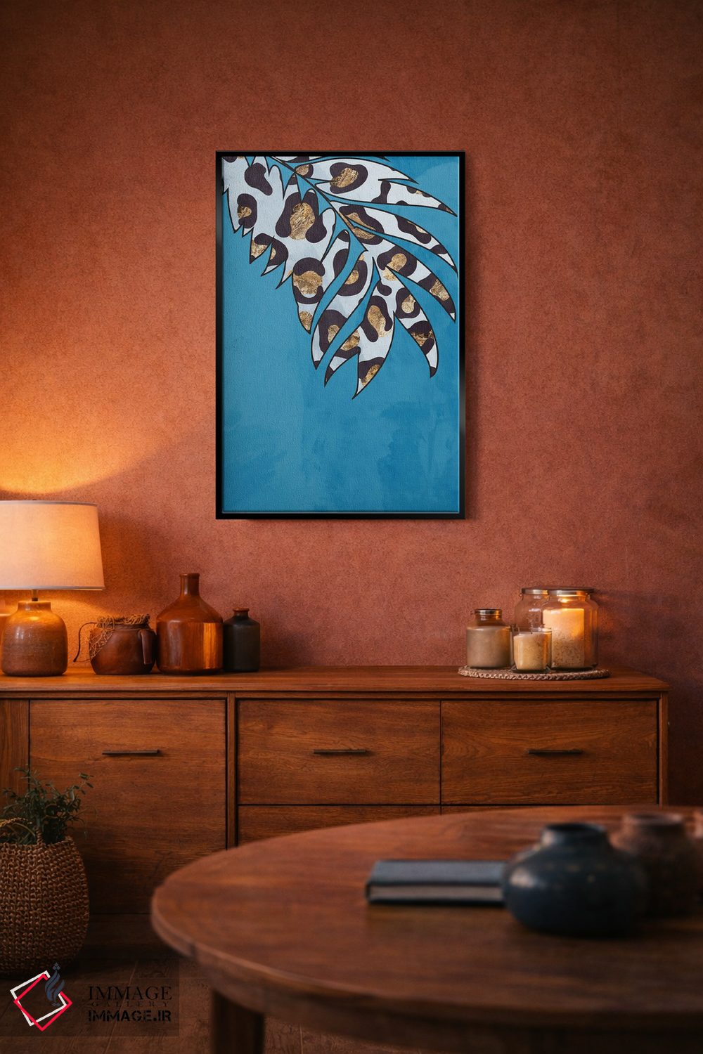 تابلو مینیمال برگ با نقش پلنگی آبی اثر سارا مانوفسکی - D5B
