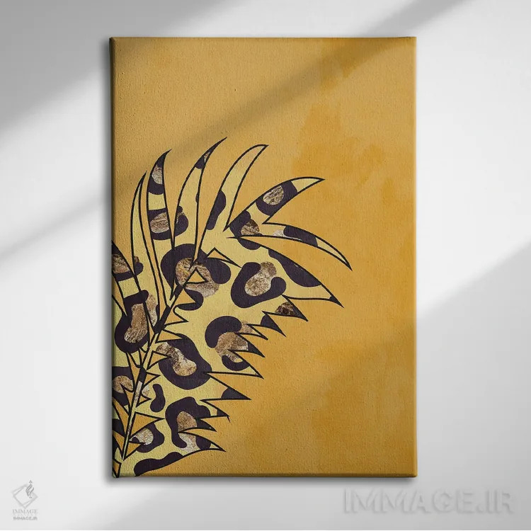 تابلو مینیمال برگ با نقش پلنگی زرد اثر سارا مانوفسکی - نمای روبهرو روی دیوار