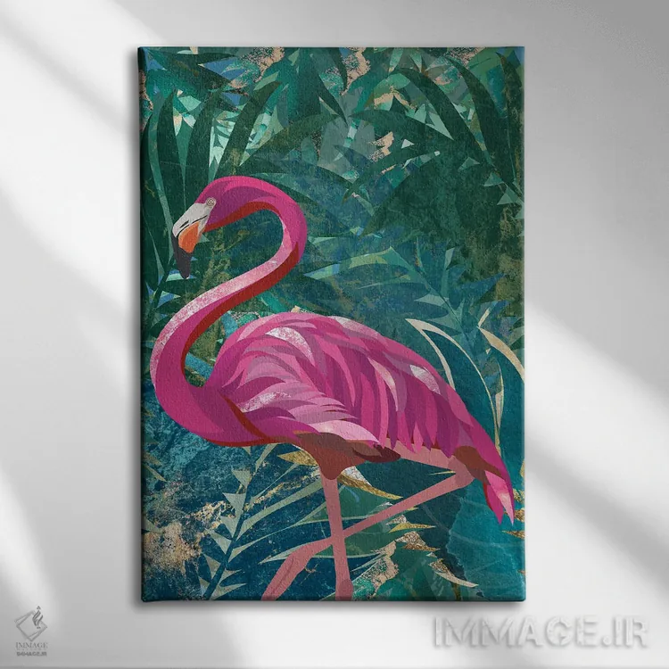 تابلو مینیمال فلامینگو در جنگل اثر سارا مانوفسکی - نمای روبهرو روی دیوار