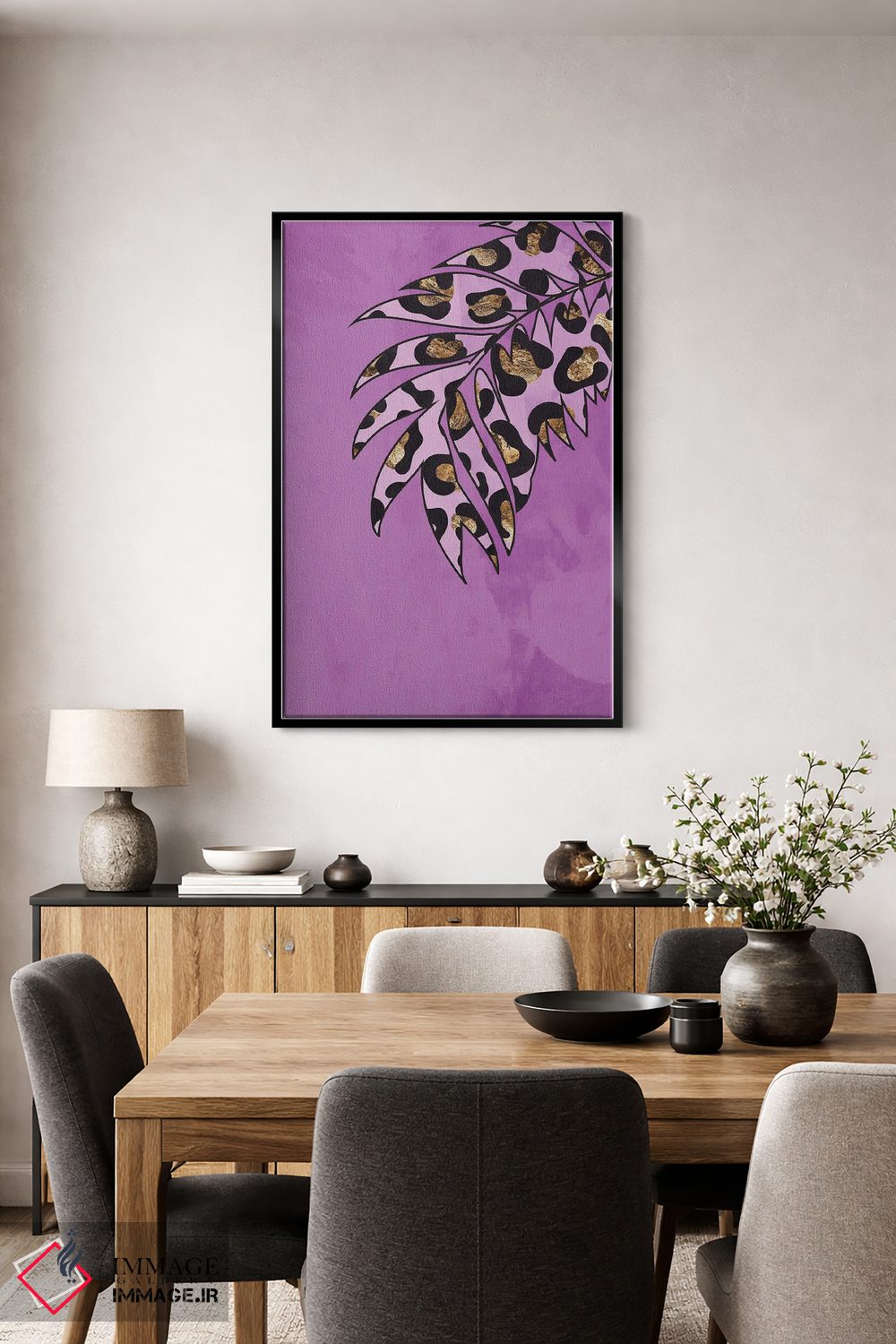 تابلو مینیمال برگ با نقش پلنگی صورتی اثر سارا مانوفسکی - D3B