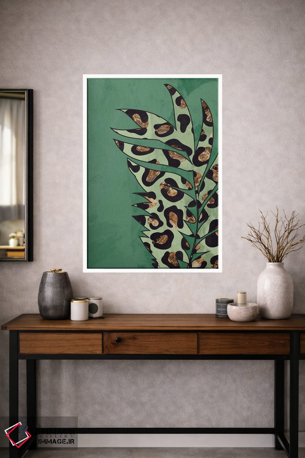 تابلو مینیمال برگ با نقش پلنگی سبز اثر سارا مانوفسکی - D1W