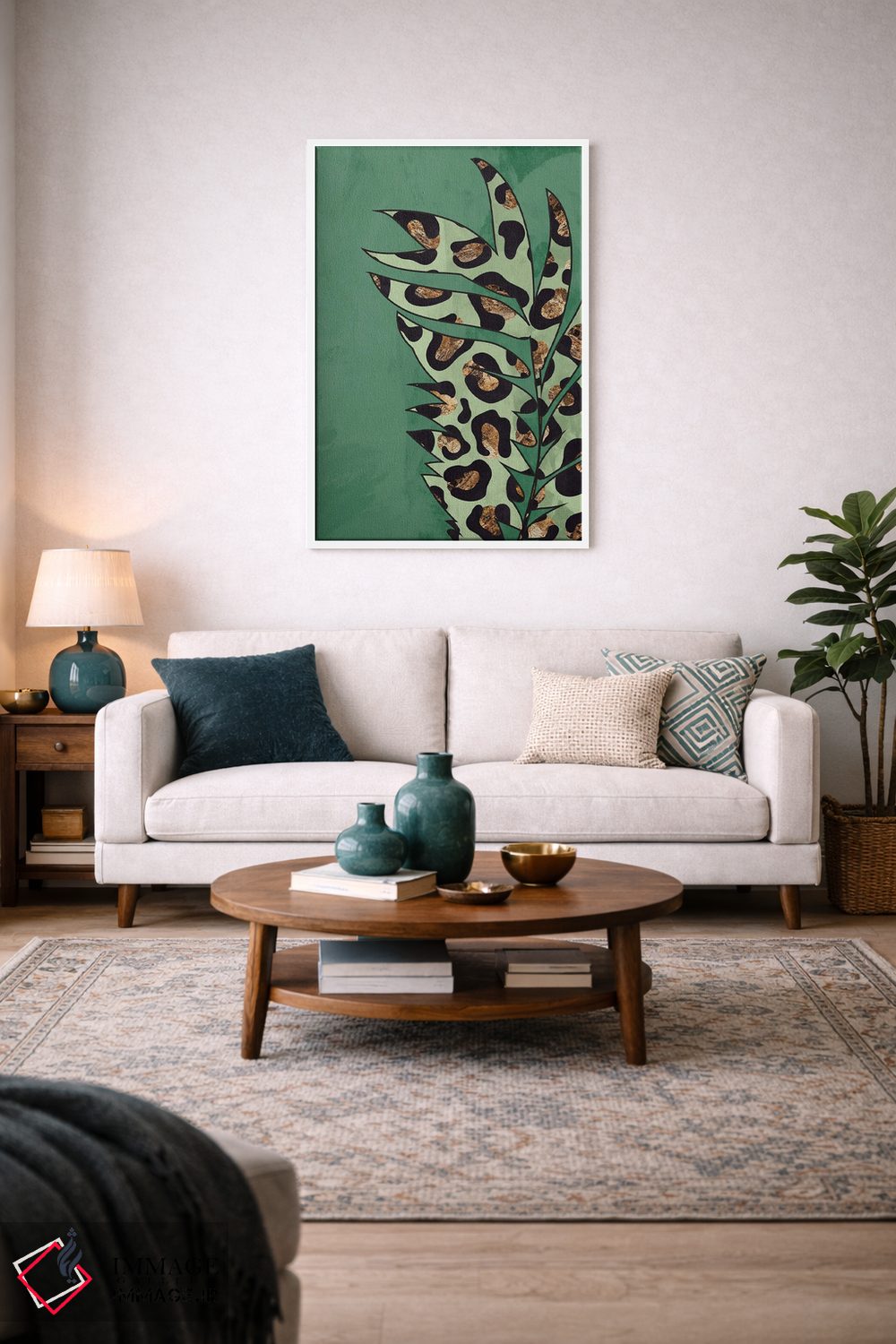 تابلو مینیمال برگ با نقش پلنگی سبز اثر سارا مانوفسکی - D3W