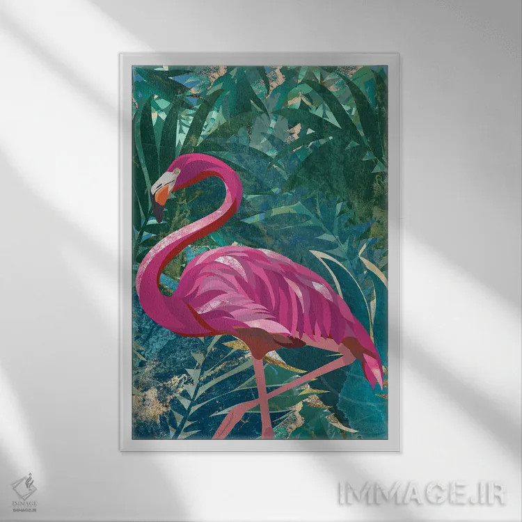 تابلو مینیمال فلامینگو در جنگل اثر سارا مانوفسکی - نمای قابدار سفید