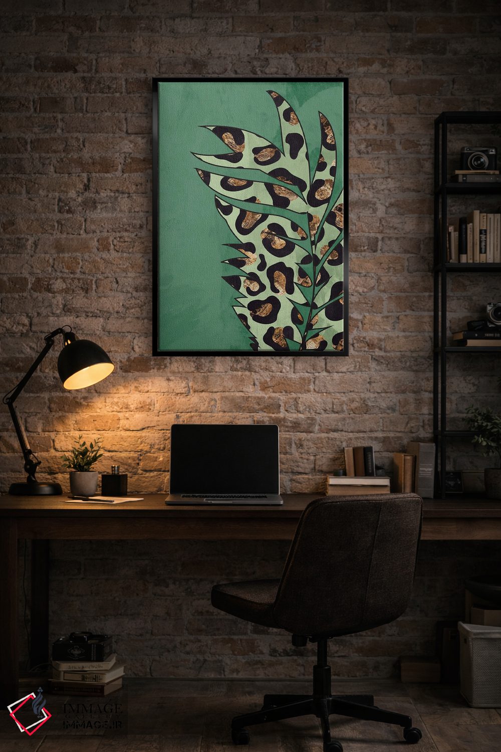 تابلو مینیمال برگ با نقش پلنگی سبز اثر سارا مانوفسکی - D5B