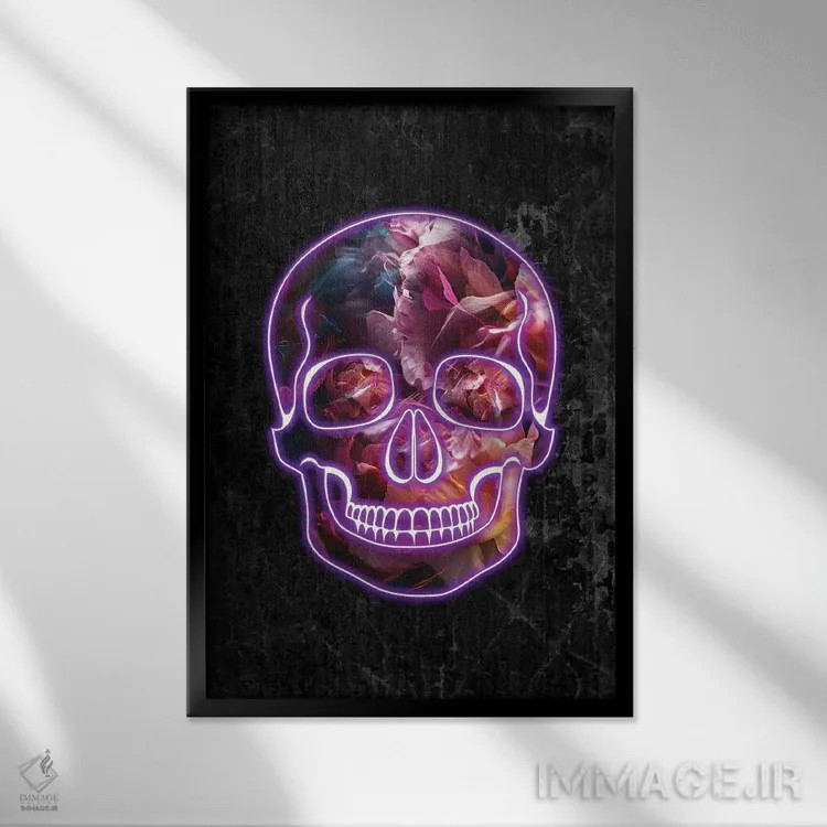تابلو دکوراتیو جمجمه نئونی هالووین اثر سارا مانوفسکی - نمای قابدار مشکی