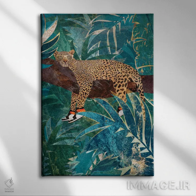 تابلو دکوراتیو پلنگ با کفش ورزشی اثر سارا مانوفسکی - نمای روبهرو روی دیوار