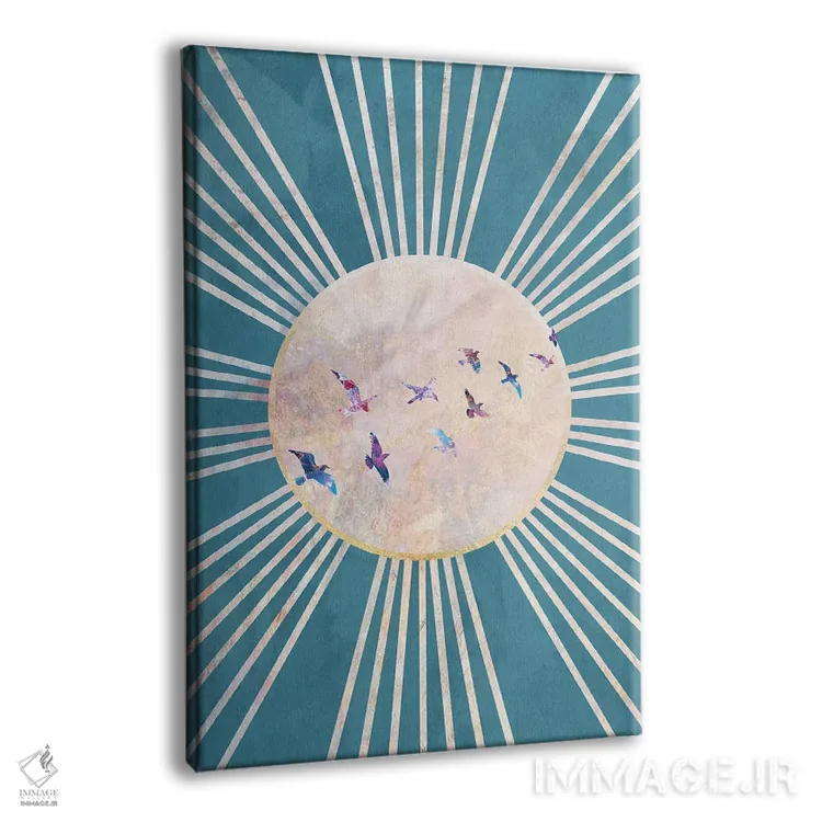 تابلو دکوراتیو خورشید فیروزه ای و پرندگان بوهو اثر سارا مانوفسکی - نمای پرسپکتیو محصول