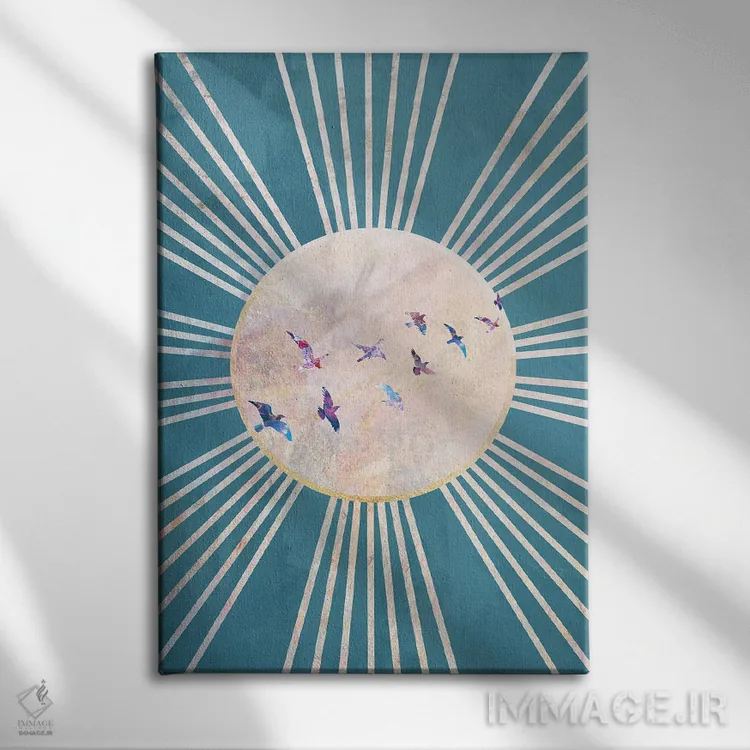تابلو دکوراتیو خورشید فیروزه ای و پرندگان بوهو اثر سارا مانوفسکی - نمای روبهرو روی دیوار