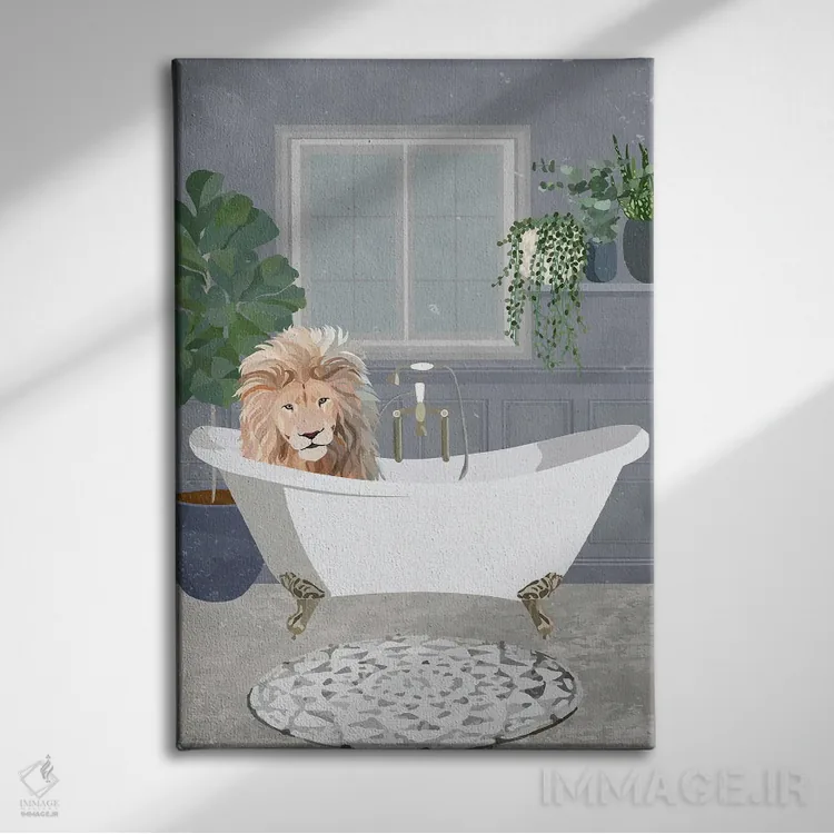 تابلو دکوراتیو شیر در حال حمام کردن اثر سارا مانوفسکی - نمای روبهرو روی دیوار