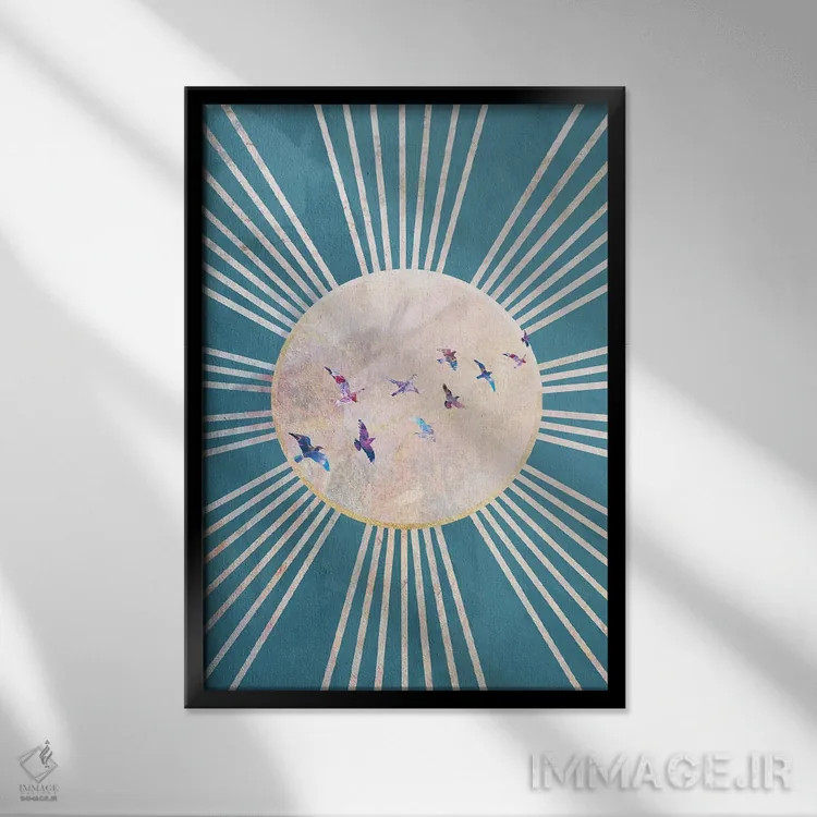 تابلو دکوراتیو خورشید فیروزه ای و پرندگان بوهو اثر سارا مانوفسکی - نمای قابدار مشکی