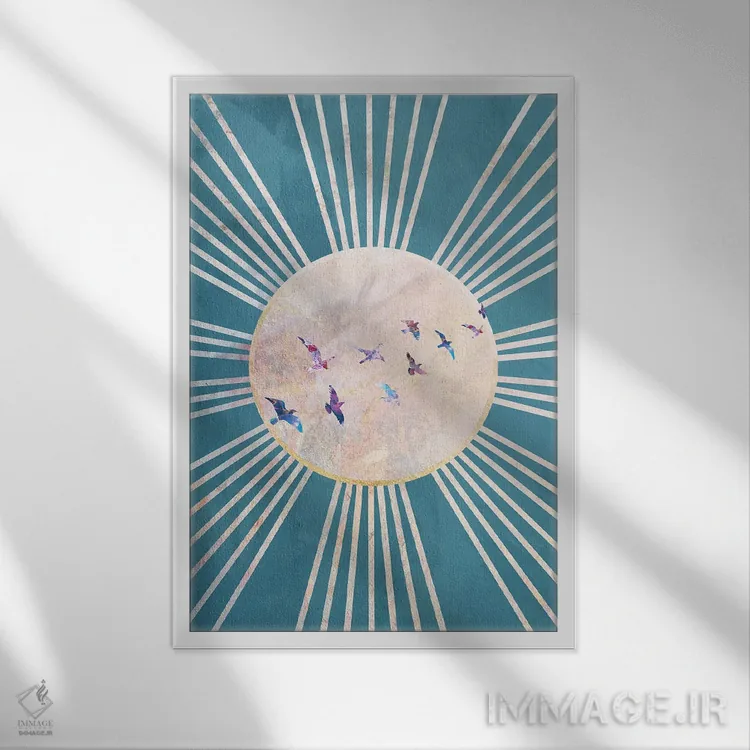 تابلو دکوراتیو خورشید فیروزه ای و پرندگان بوهو اثر سارا مانوفسکی - نمای قابدار سفید