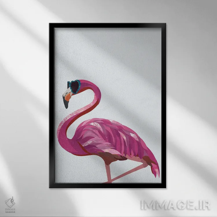 تابلو دکوراتیو فلامینگو با عینک قلبی اثر سارا مانوفسکی - نمای قابدار مشکی