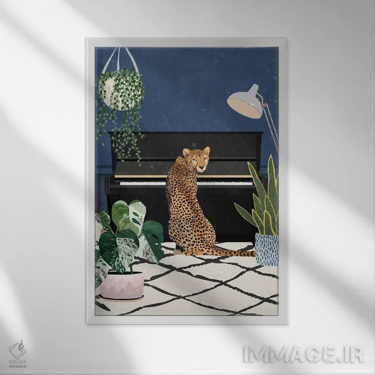 تابلو دکوراتیو یوزپلنگ نوازنده پیانو اثر سارا مانوفسکی - نمای قابدار سفید