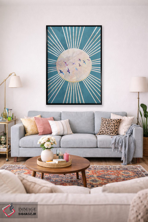 تابلو دکوراتیو خورشید فیروزه ای و پرندگان بوهو اثر سارا مانوفسکی - D1B