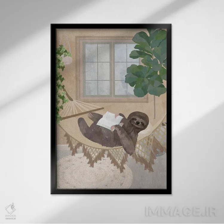 تابلو دکوراتیو تنبلی بوهو در حال کتاب خواندن روی ننو اثر سارا مانوفسکی - نمای قابدار مشکی