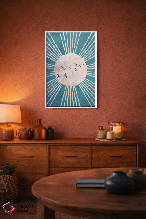 تابلو دکوراتیو خورشید فیروزه ای و پرندگان بوهو اثر سارا مانوفسکی - D3W