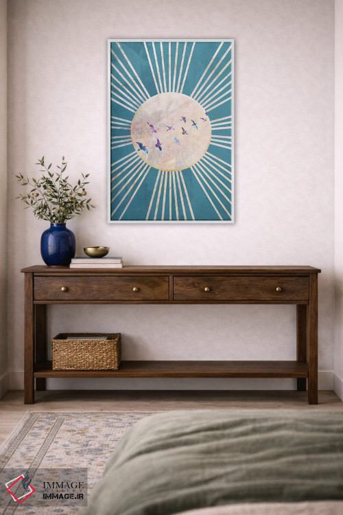 تابلو دکوراتیو خورشید فیروزه ای و پرندگان بوهو اثر سارا مانوفسکی - D2W