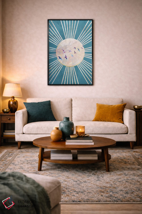 تابلو دکوراتیو خورشید فیروزه ای و پرندگان بوهو اثر سارا مانوفسکی - D5B