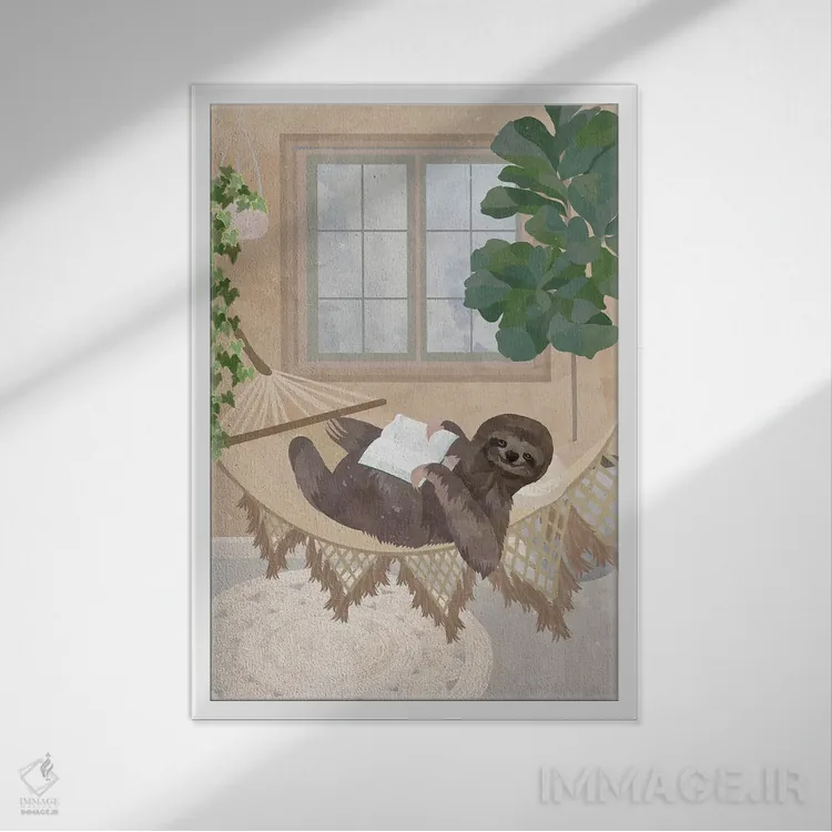 تابلو دکوراتیو تنبلی بوهو در حال کتاب خواندن روی ننو اثر سارا مانوفسکی - نمای قابدار سفید