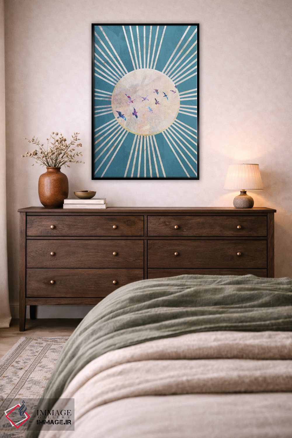 تابلو دکوراتیو خورشید فیروزه ای و پرندگان بوهو اثر سارا مانوفسکی - D4B