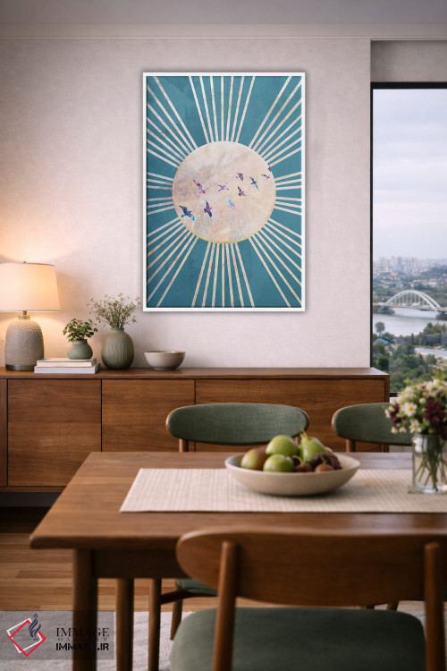 تابلو دکوراتیو خورشید فیروزه ای و پرندگان بوهو اثر سارا مانوفسکی - D6W