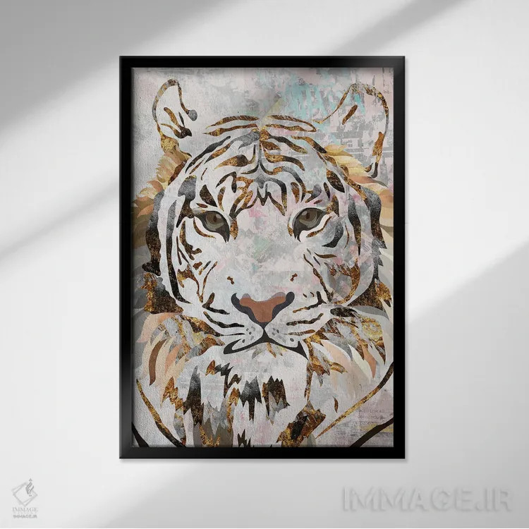 تابلو دکوراتیو ببر طلایی فلزی با سبک گرانج اثر سارا مانوفسکی - نمای قابدار مشکی
