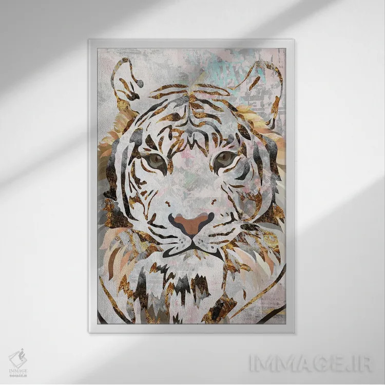 تابلو دکوراتیو ببر طلایی فلزی با سبک گرانج اثر سارا مانوفسکی - نمای قابدار سفید