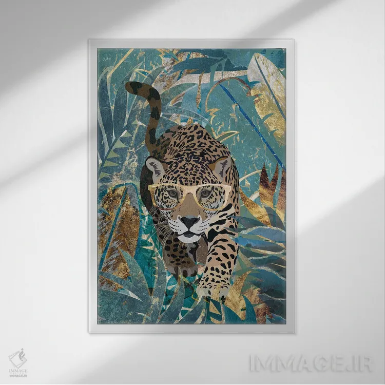 تابلو دکوراتیو پلنگ کنجکاو در جنگل اثر سارا مانوفسکی - نمای قابدار سفید