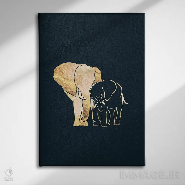 تابلو مدرن فیل ها ۲: سیلوئت طلایی روی زمینه سیاه اثر سارا مانوفسکی - نمای روبهرو روی دیوار