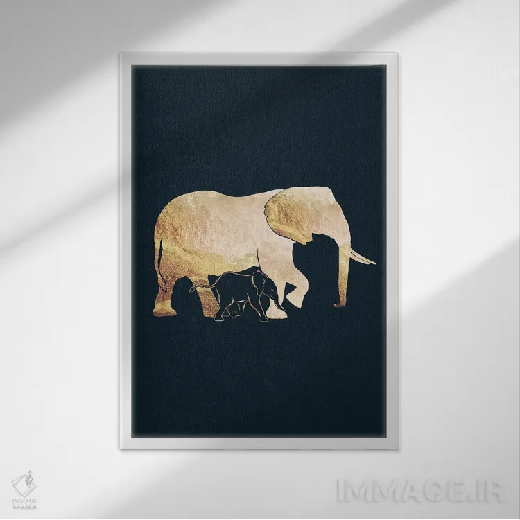 تابلو مدرن فیل ها ۱: سیلوئت طلایی روی زمینه سیاه اثر سارا مانوفسکی - نمای قابدار سفید