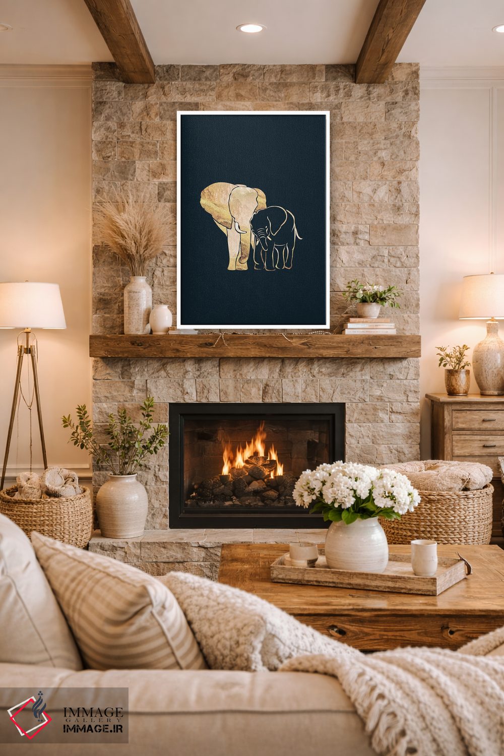 تابلو مدرن فیل ها ۲: سیلوئت طلایی روی زمینه سیاه اثر سارا مانوفسکی - D1W