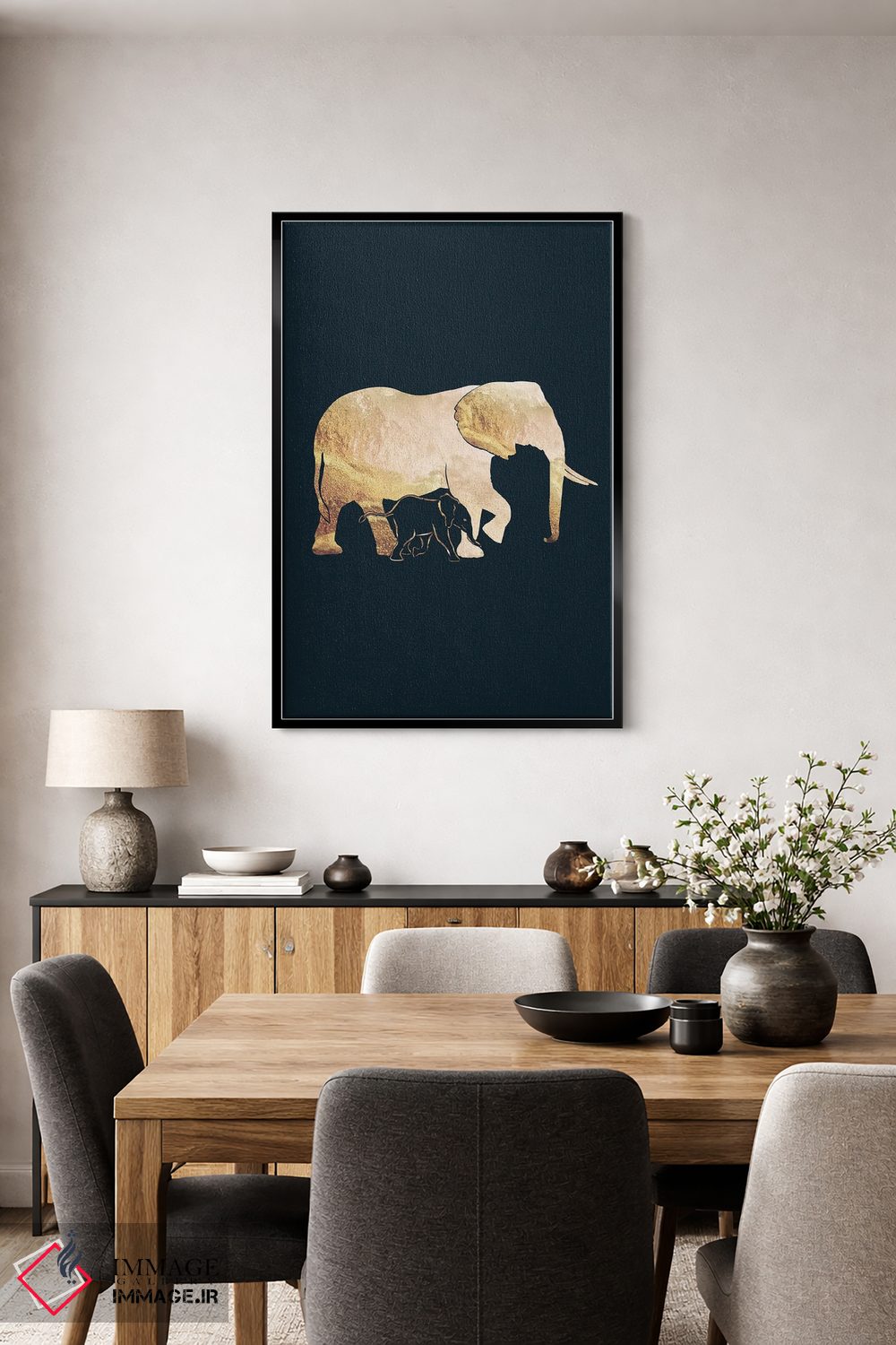 تابلو مدرن فیل ها ۱: سیلوئت طلایی روی زمینه سیاه اثر سارا مانوفسکی - D3B