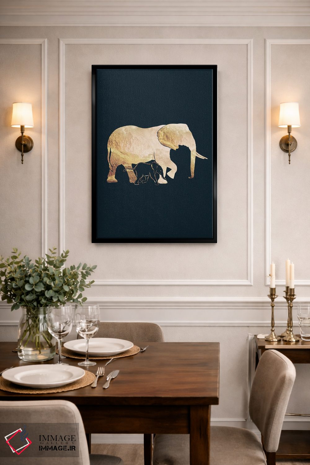 تابلو مدرن فیل ها ۱: سیلوئت طلایی روی زمینه سیاه اثر سارا مانوفسکی - D2B