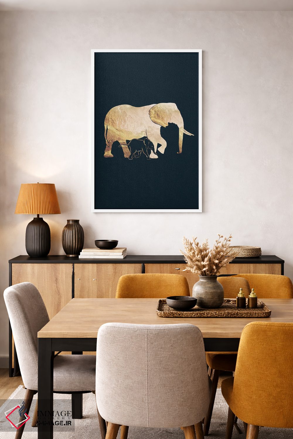 تابلو مدرن فیل ها ۱: سیلوئت طلایی روی زمینه سیاه اثر سارا مانوفسکی - D4W