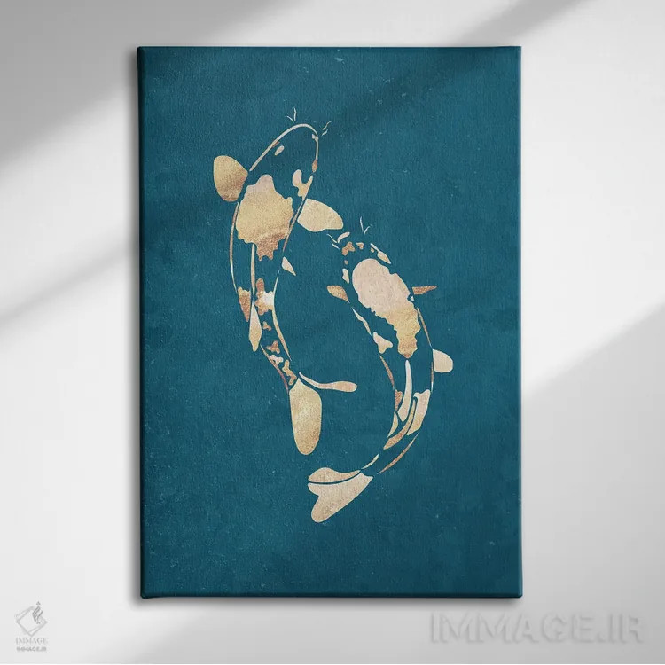 تابلو مدرن ماهی کوی ۱: سیلوئت طلایی روی فیروزه ای اثر سارا مانوفسکی - نمای روبهرو روی دیوار