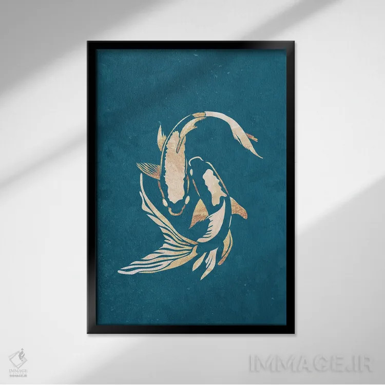 تابلو مدرن ماهی کوی ۲: سیلوئت طلایی روی فیروزه ای اثر سارا مانوفسکی - نمای قابدار مشکی